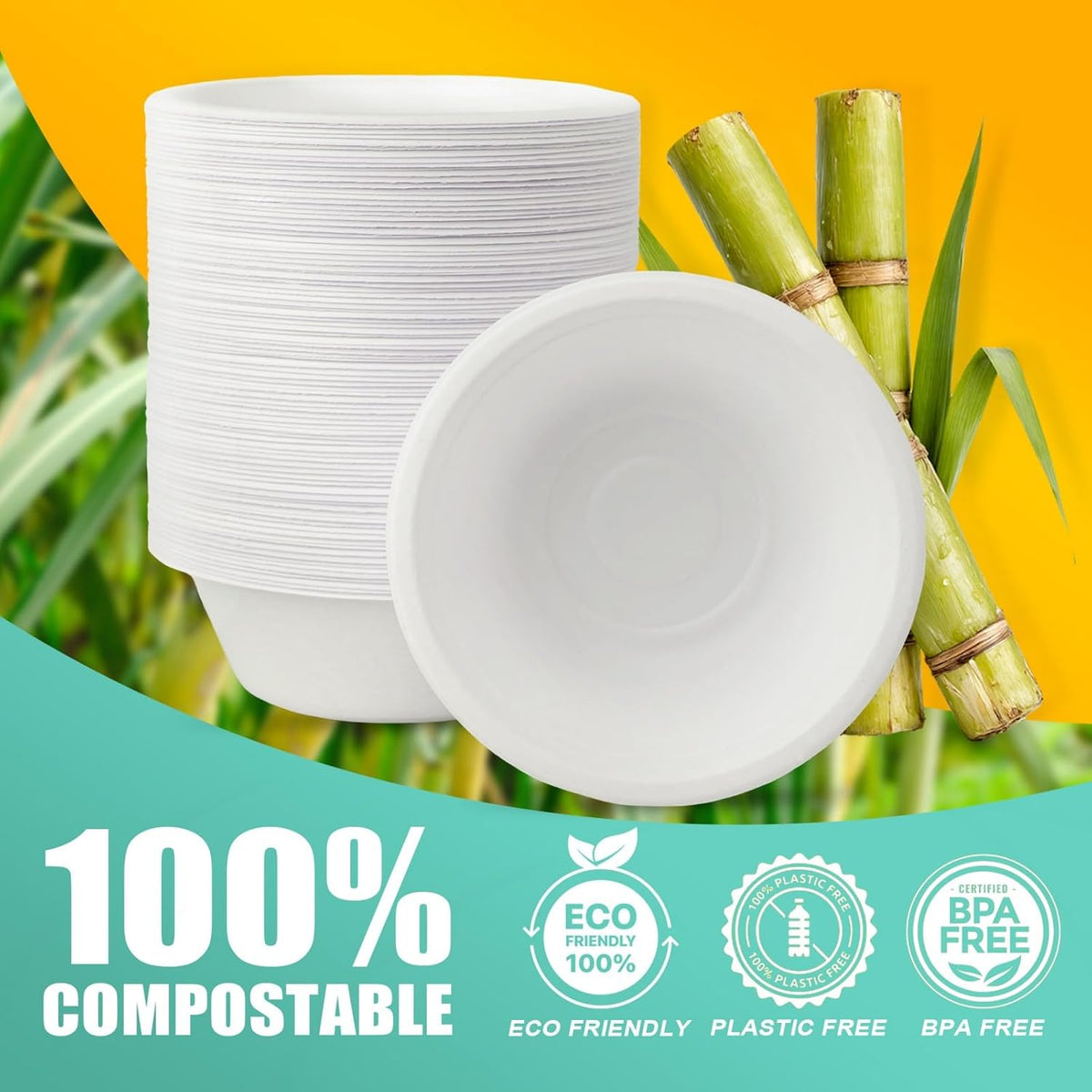 200 Count 12 oz Paper Bowls Disposable, Compostable Bowl, White