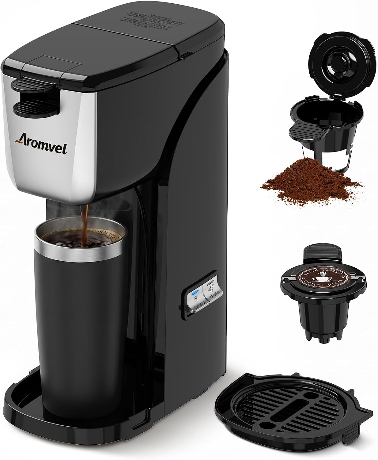 2-in-1 Single Serve Coffee Maker for K Cup Pods & Ground Coffee | 6 to 14 oz Brew Sizes, Adjustable Drip Tray for