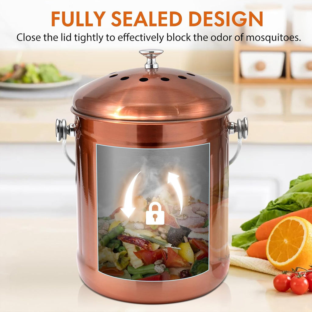 Compost Bin for Kitchen Countertop, 1.3 Gallon Matte Copper Stainless Steel Compost Bucket with Lid, Odorless Food