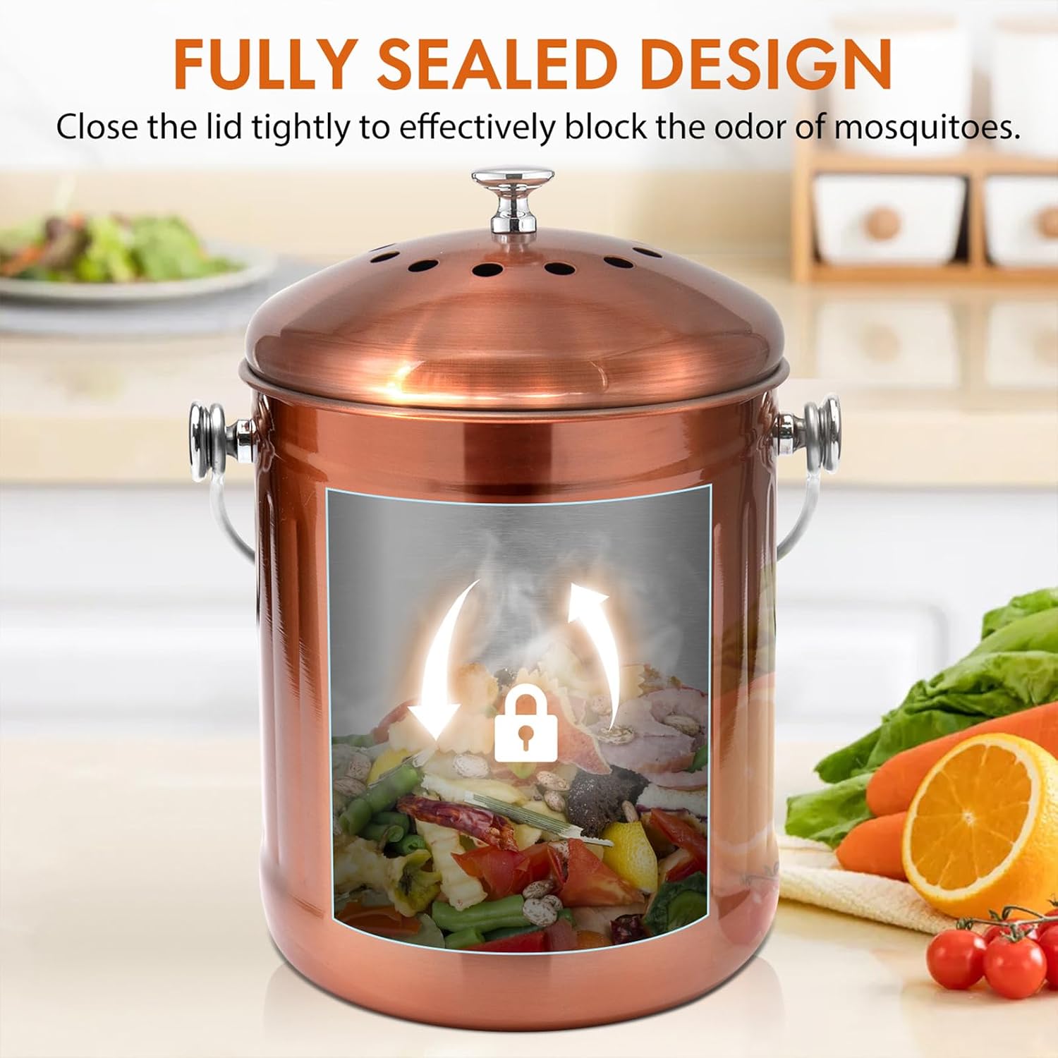 Compost Bin for Kitchen Countertop, 1.3 Gallon Matte Copper Stainless Steel Compost Bucket with Lid, Odorless Food