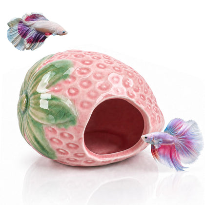 Ceramic Aquarium Cave Decor, Strawberry Betta Fish Hideout with Ice Crackle Glaze, Fish Tank Cave Ornament for