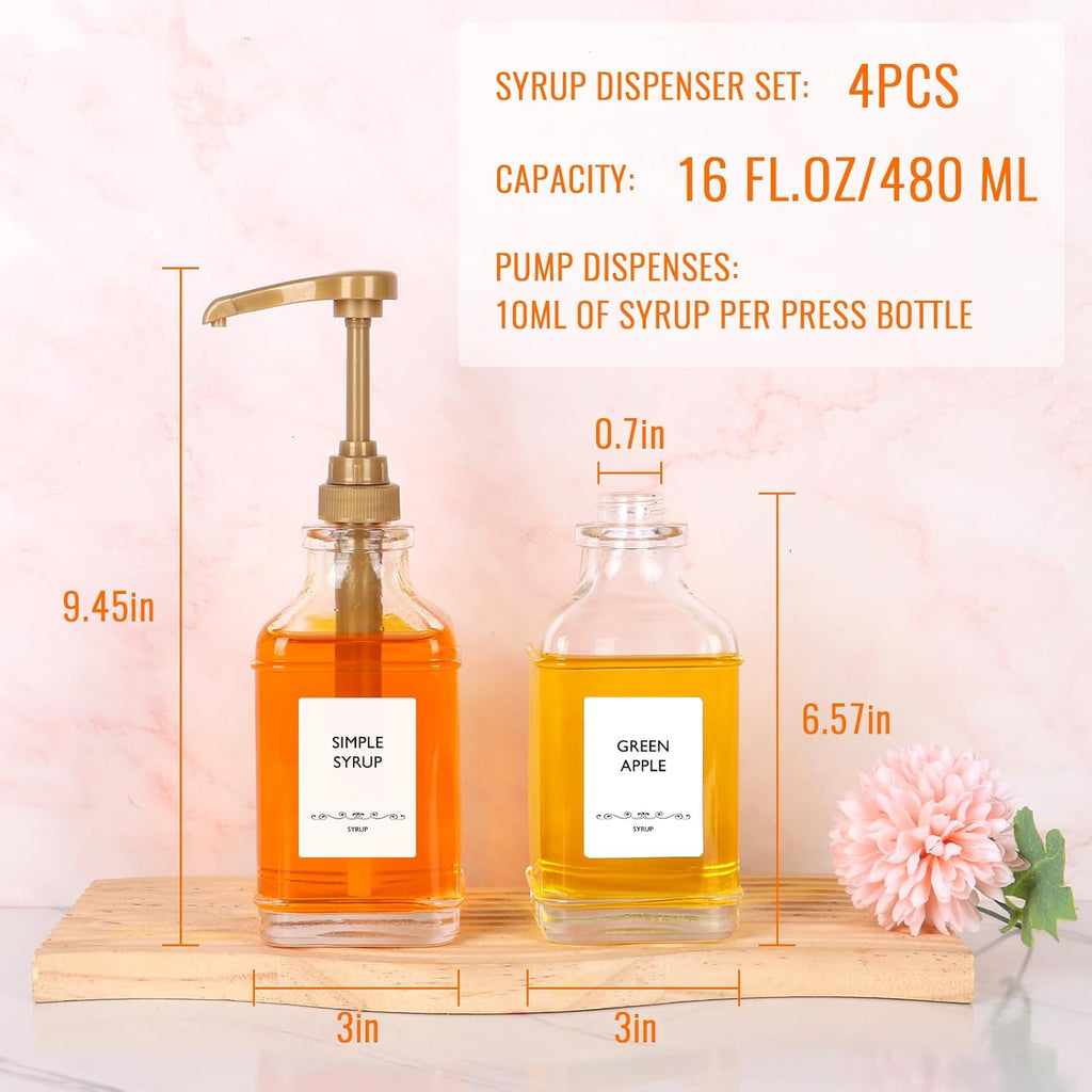 16 oz Coffee Syrup Dispenser with Pumps Set, 4 Leak-Proof Glass Bottles