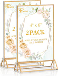 2 Pack Acrylic Sign Holder 4 x 6, Double Sided Gold Picture Frame Stand up Table Top Sign Holders, Clear Display