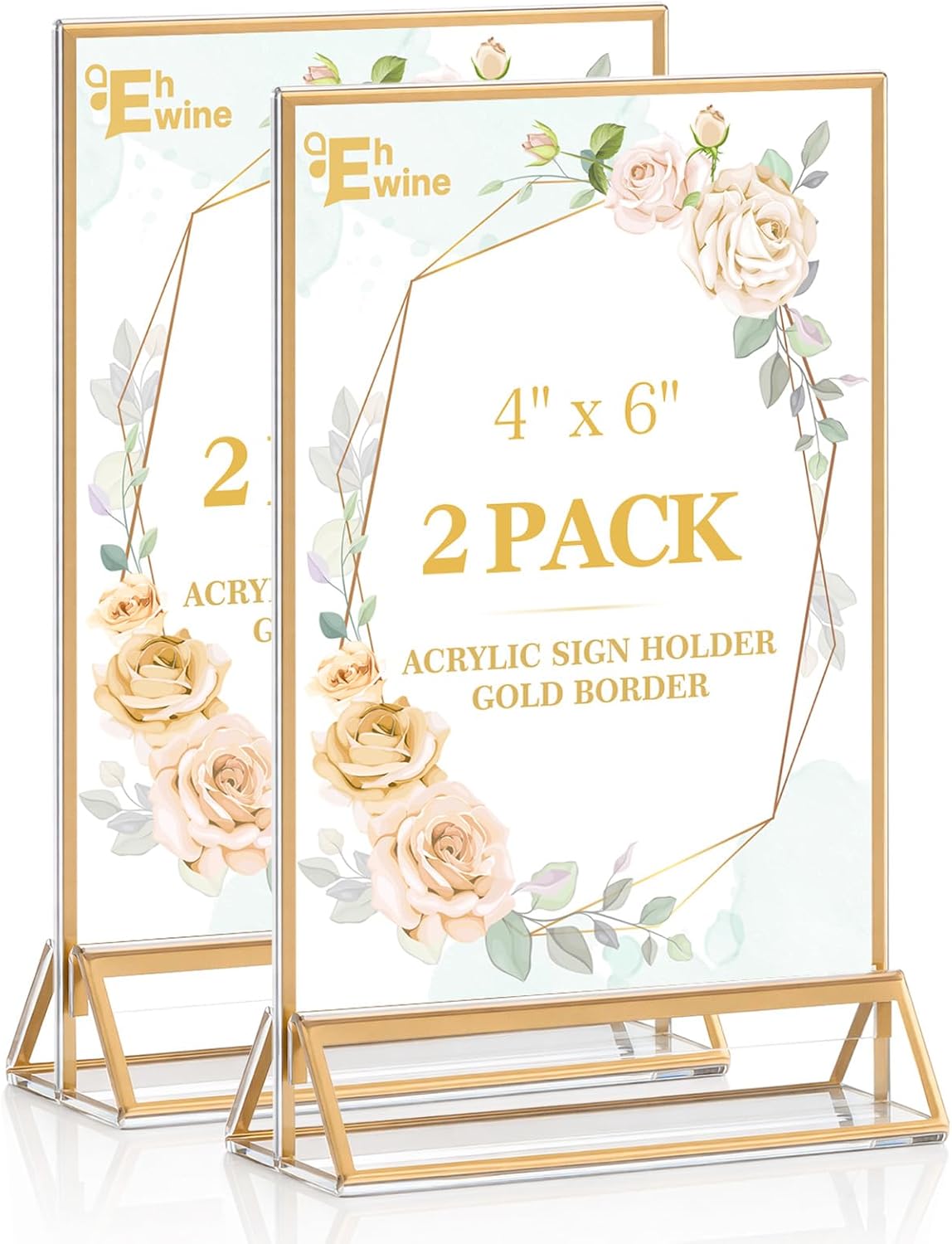 2 Pack Acrylic Sign Holder 4 x 6, Double Sided Gold Picture Frame Stand up Table Top Sign Holders, Clear Display