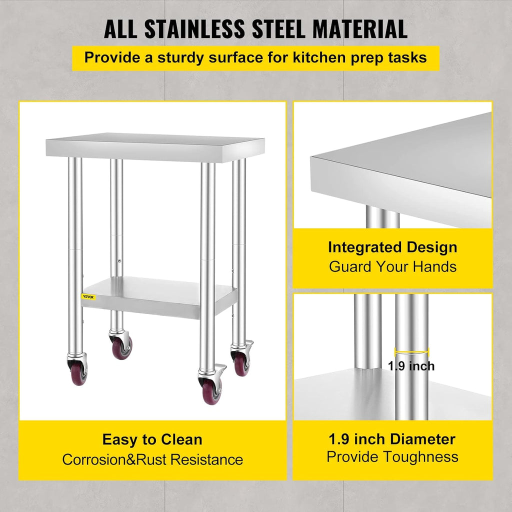 Mophorn 24x18x34 Inch Stainless Steel Work Table 3-Stage Adjustable Shelf with 4 Wheels Heavy Duty Commercial Food