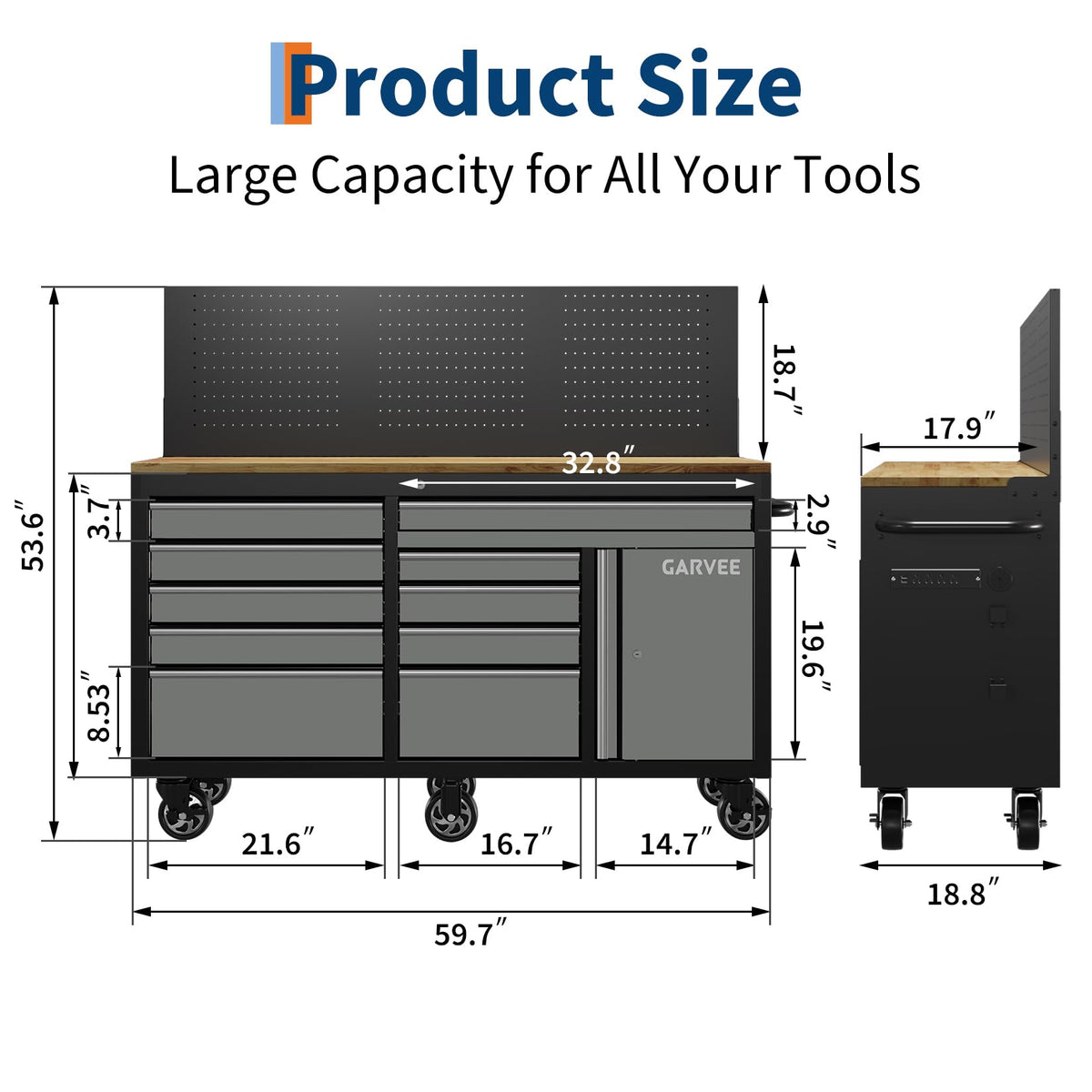 60 in Rolling Tool Chest, 10 Drawers Mobile Garage Tool Cabinet