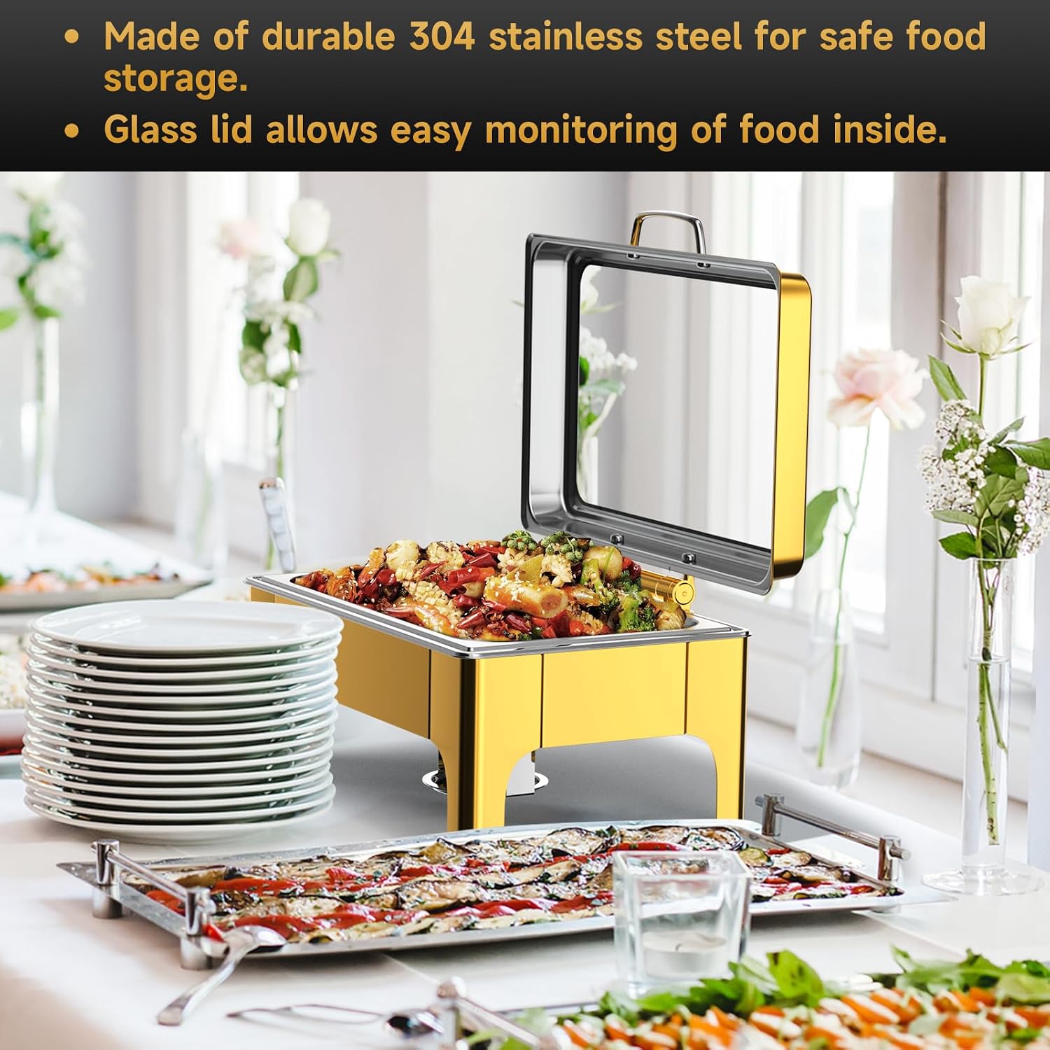 Chafing Dishes for Buffet, 9.5QT Square Stainless Steel Chafing Dish with Transparent Hydraulic Lid, 304 Food Pan