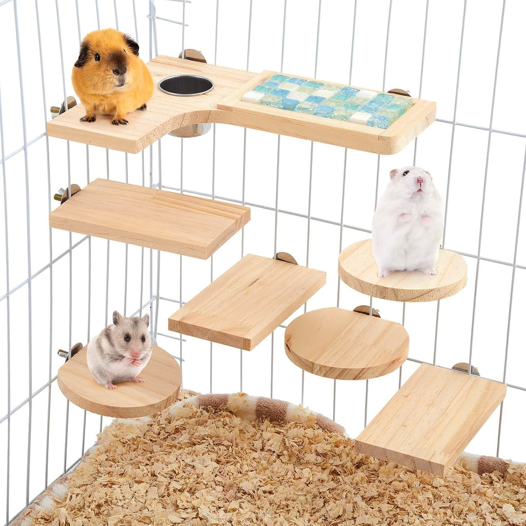 Set of 9 Wooden Hamster Cage Platform Chinchilla Ledges and L Shaped Round Hole Rat Cage Accessories with Cooling
