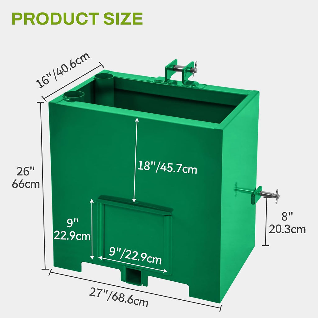 Tractor Ballast Box, 3 Point Hitch Counterweight Box with 2" Receiver, Fits for CAT1 Tractor,800lb Capacity,Green