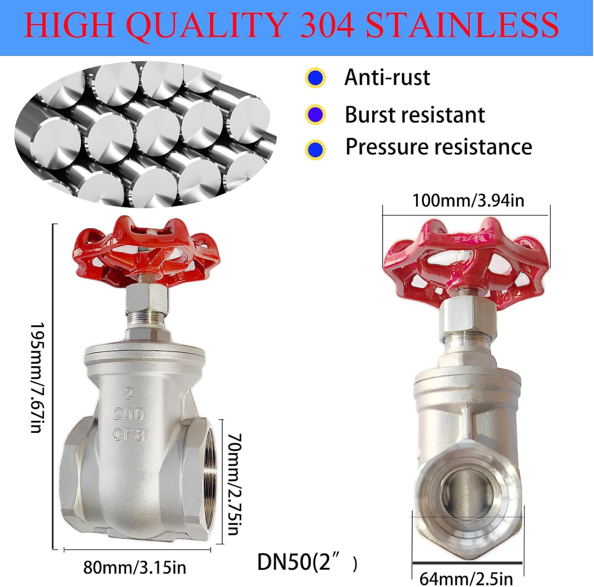 2" NPT 304Stainless Steel Gate Valve DN50