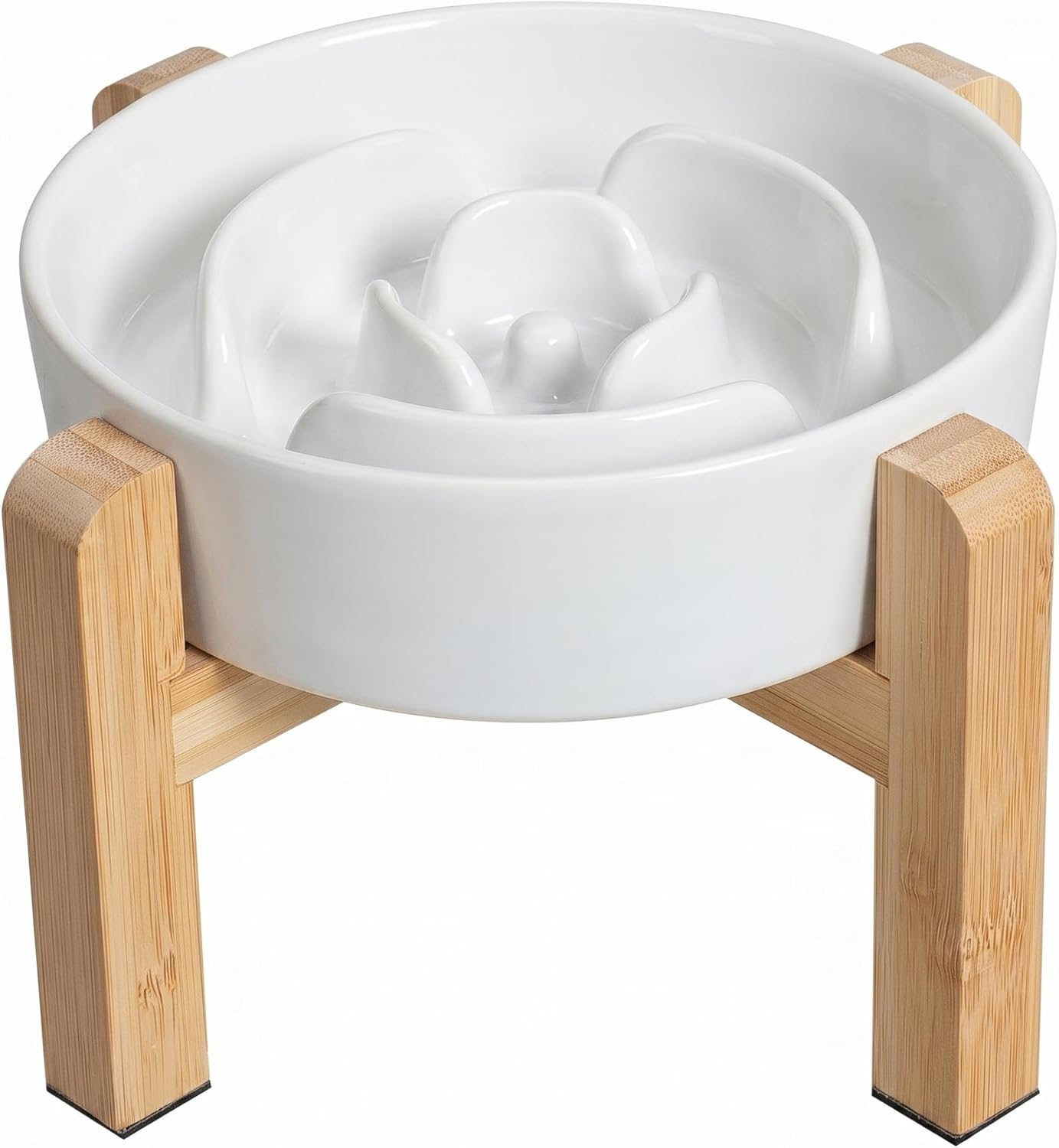 Elevated Slow Feeder Dog Bowl - Ceramic Maze Food Dish with Bamboo Stand - Raised Feeding Bowl for Fast Eaters