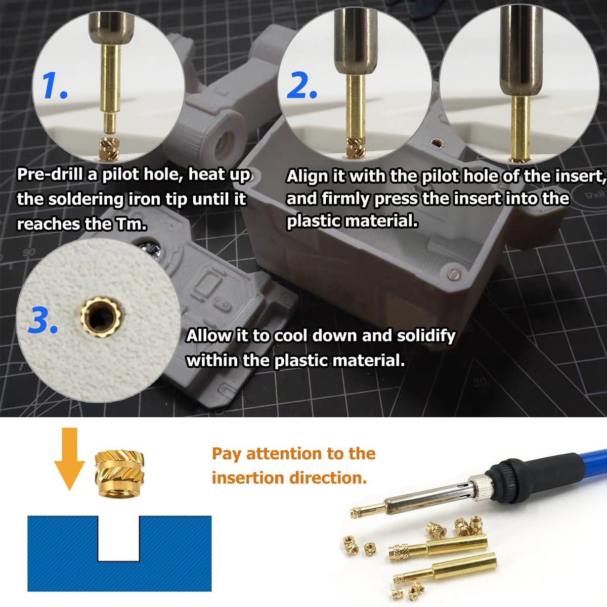 QSJ 130Pcs Threaded Inserts Heat Set Inserts Kit M3x4x5 Brass Insert Nut with Soldering Iron Tip for 3D Printed Plastic Materials
