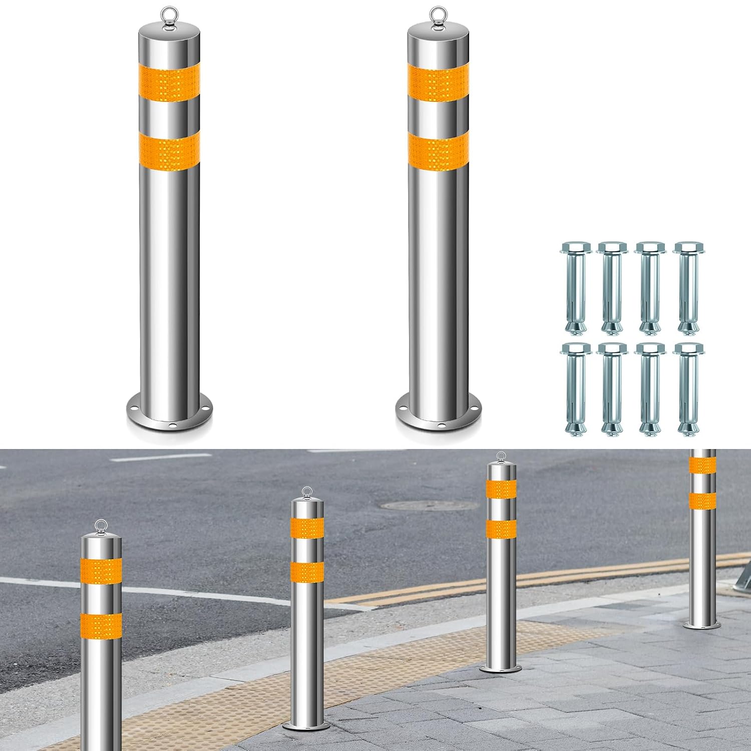 31.5 Inch Stainless Steel Bollard Post with Anchor Bolts Parking Barrier Block Safety Bollard Covers with Reflective