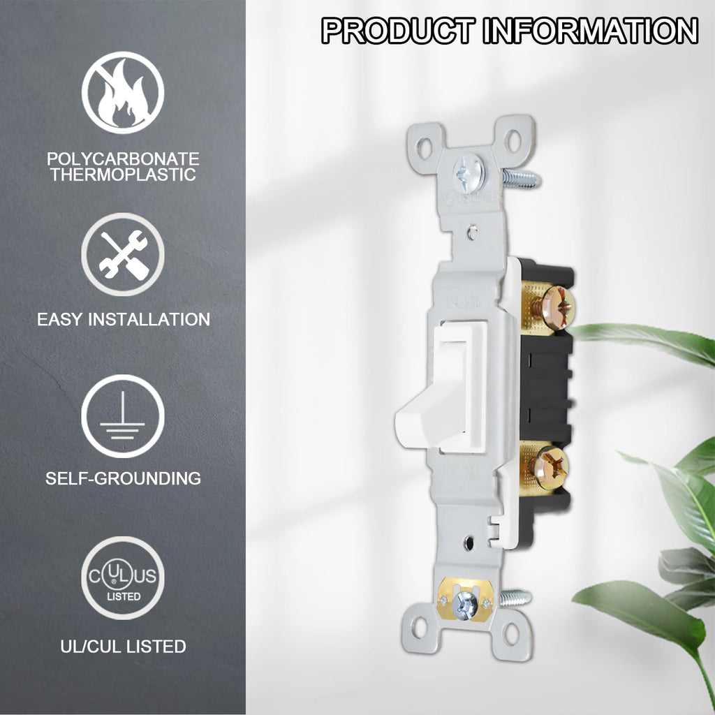 ThunderWay Quiet Toggle Light Switch - 15A, 120V, AC, Residential & Commercial Grade, UL Listed (10 Pack, White)