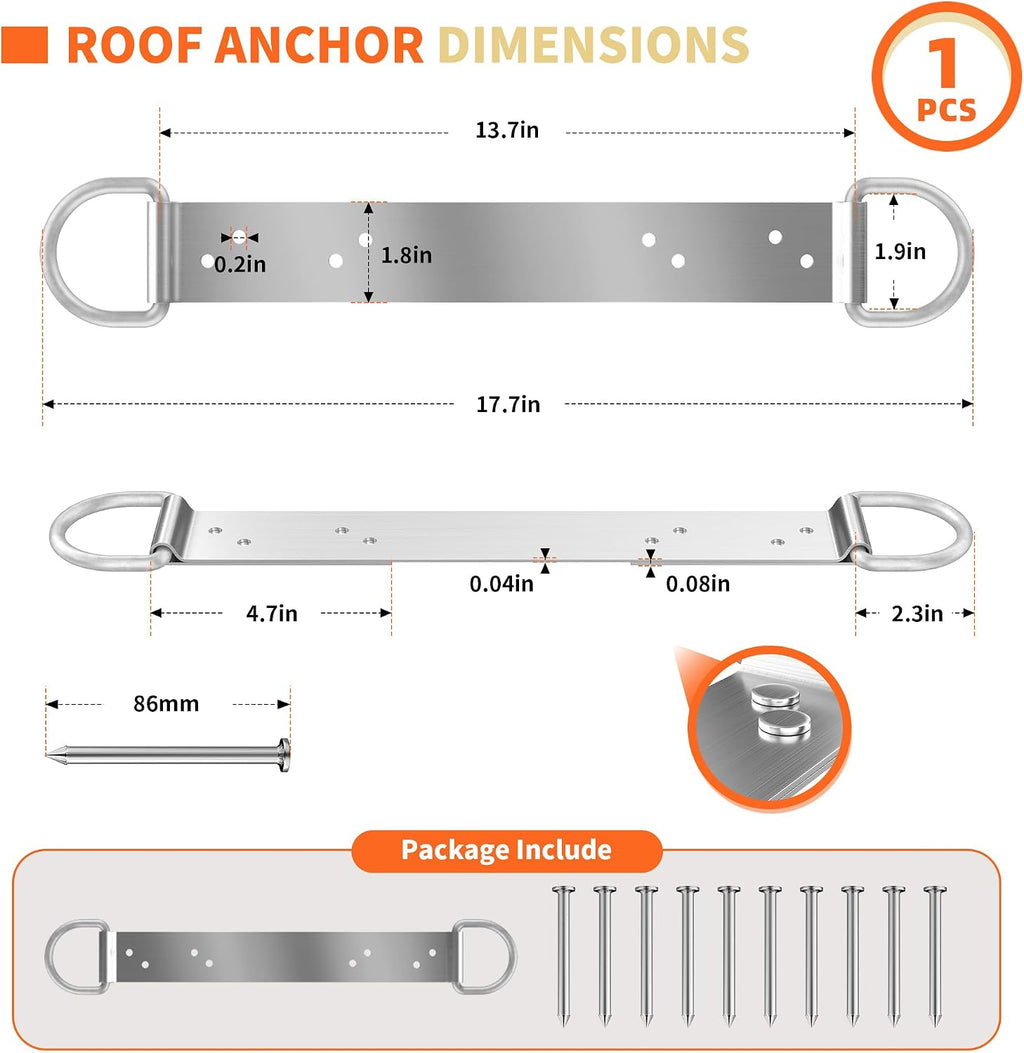 18" Permanent Roof Anchor Bracket - Double D-Ring Fall Protection Roof Safety Anchor, Lightweight & Discreet Design