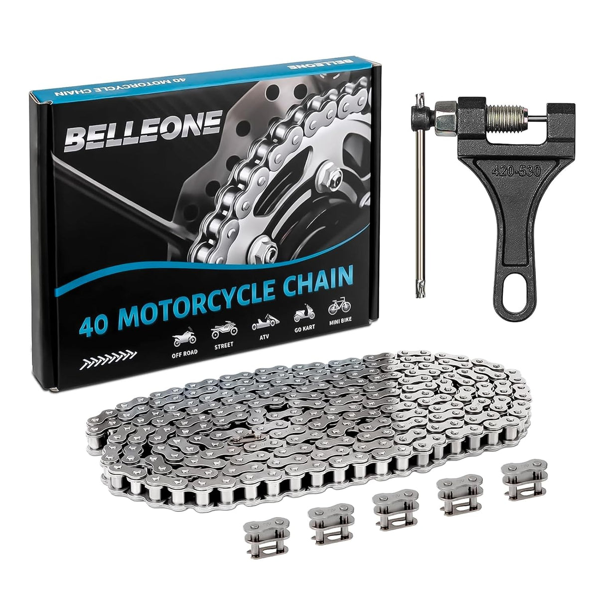 40 Roller Chain with Breaker 10 Feet 240 Links, 40 Chain with 5 Connecting Links