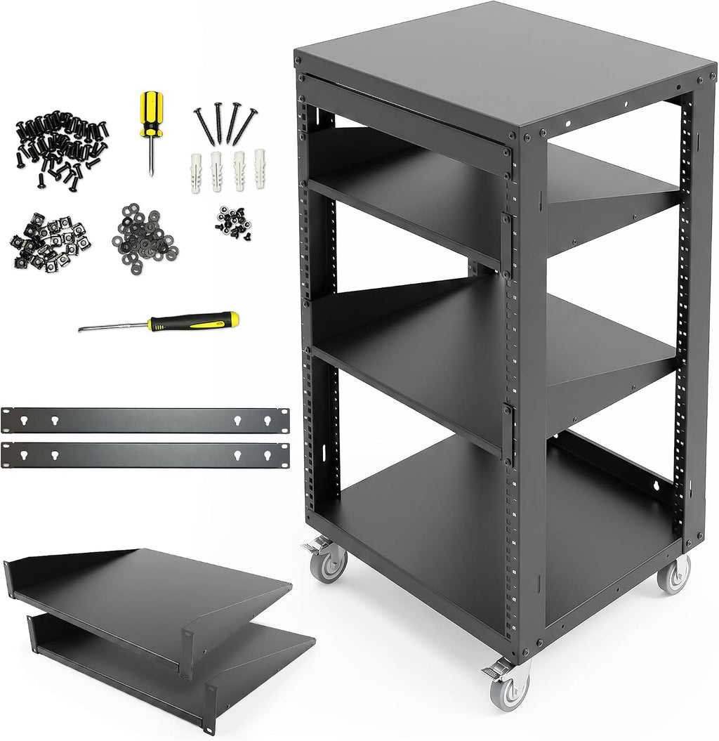 AxcessAbles 16U Open Frame Network & AV Rack with Caster Wheels, Two 2U Shelves, 10-32 & Cage Nut Compatible Rails, Cage Nuts, Screws, Cage Nut Tool & Wall Mount Kit | 19-Inch Equipment Rack
