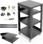 AxcessAbles 16U Open Frame Network & AV Rack with Caster Wheels, Two 2U Shelves, 10-32 & Cage Nut Compatible Rails, Cage Nuts, Screws, Cage Nut Tool & Wall Mount Kit | 19-Inch Equipment Rack