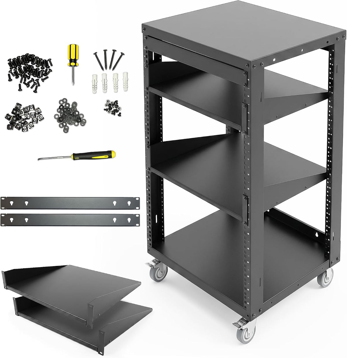 AxcessAbles 16U Open Frame Network & AV Rack with Caster Wheels, Two 2U Shelves, 10-32 & Cage Nut Compatible Rails, Cage Nuts, Screws, Cage Nut Tool & Wall Mount Kit | 19-Inch Equipment Rack