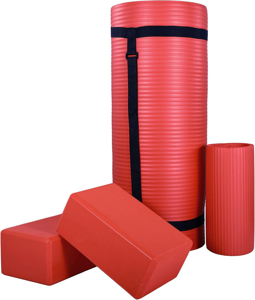71x24 Inches Yoga Mat with Knee Pad and Optional Blocks – Extra 1-Inch Thick Non-Slip Foam with Anti-Tear Surface and