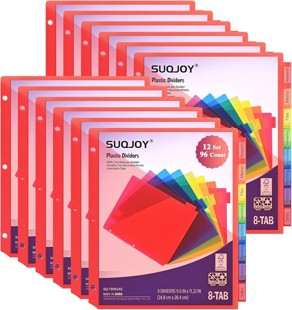 Binder Index Dividers with Tabs, 96 Count 3 Ring Binder Dividers with Pockets, 8 Tab Dividers for 3 Ring Binder