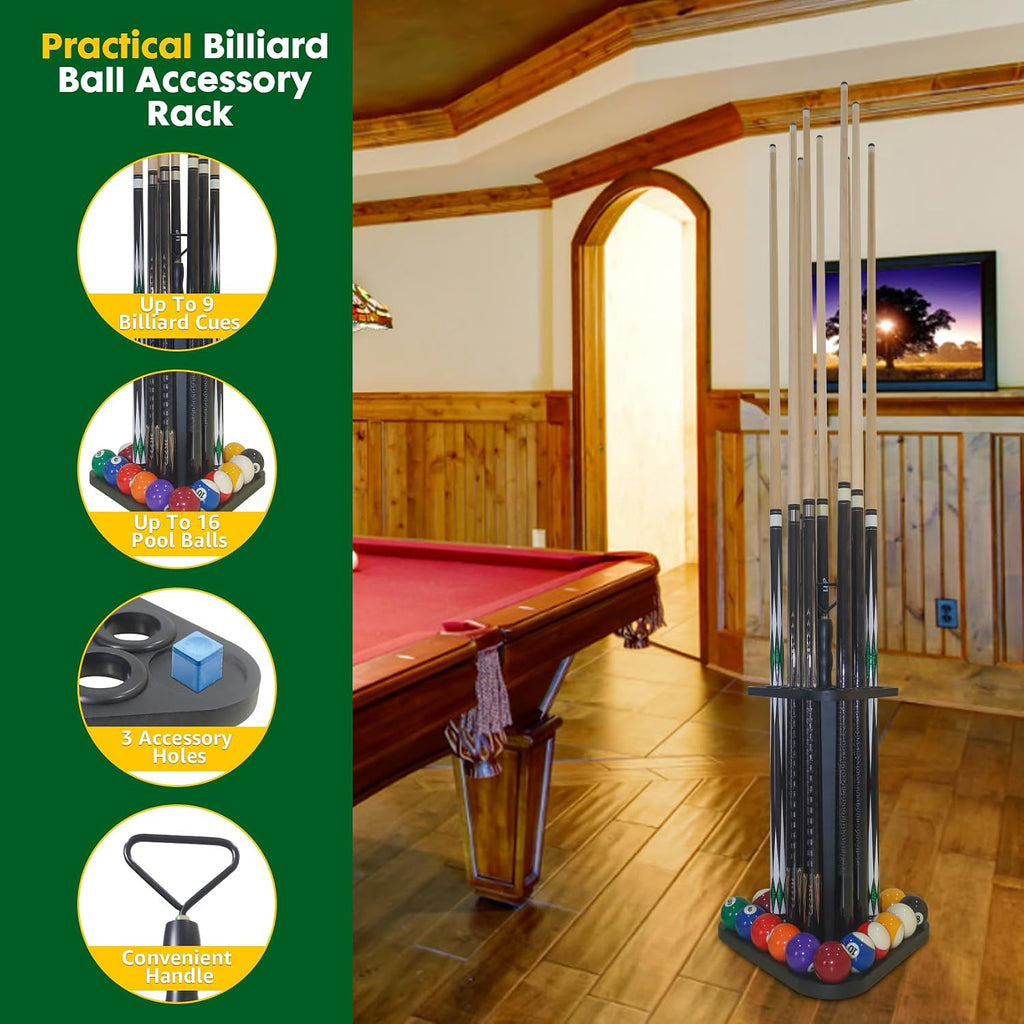 Pool Cue Rack Floor Stand | Wood Billiard Stick Holder & Game Room Organizer | Holds 9 Cues, Full Ball Set &