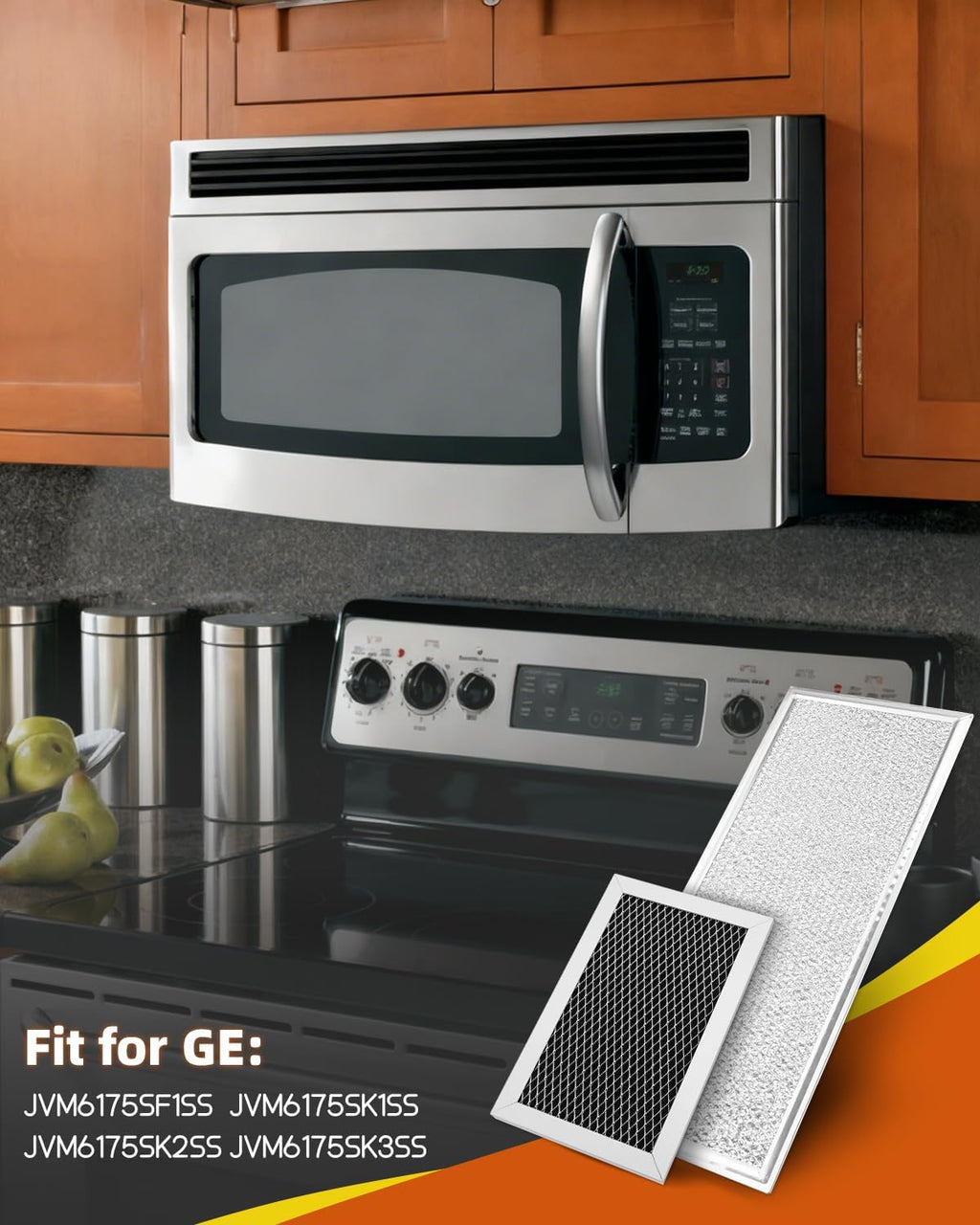 Microwave Grease & Charcoal Filter Set Fit for GE JVM6175SF1SS, JVM6175SK1SS, JVM6175SK2SS, JVM6175SK3SS