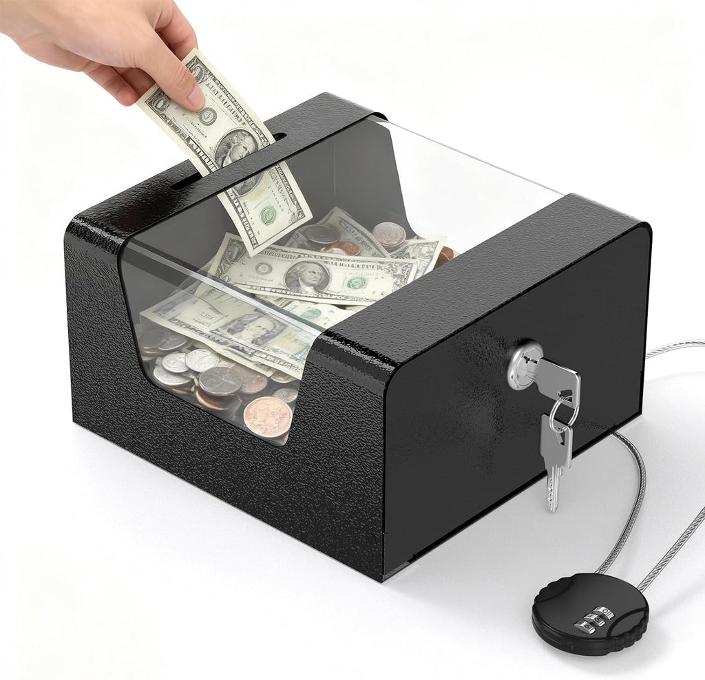 Metal Tip Box Tip Jar with Key & Combination Cable Lock for Bars