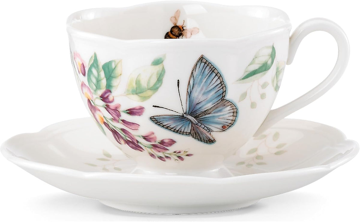 Butterfly Meadow Blue Porcelain Tea Cup and Saucer Set