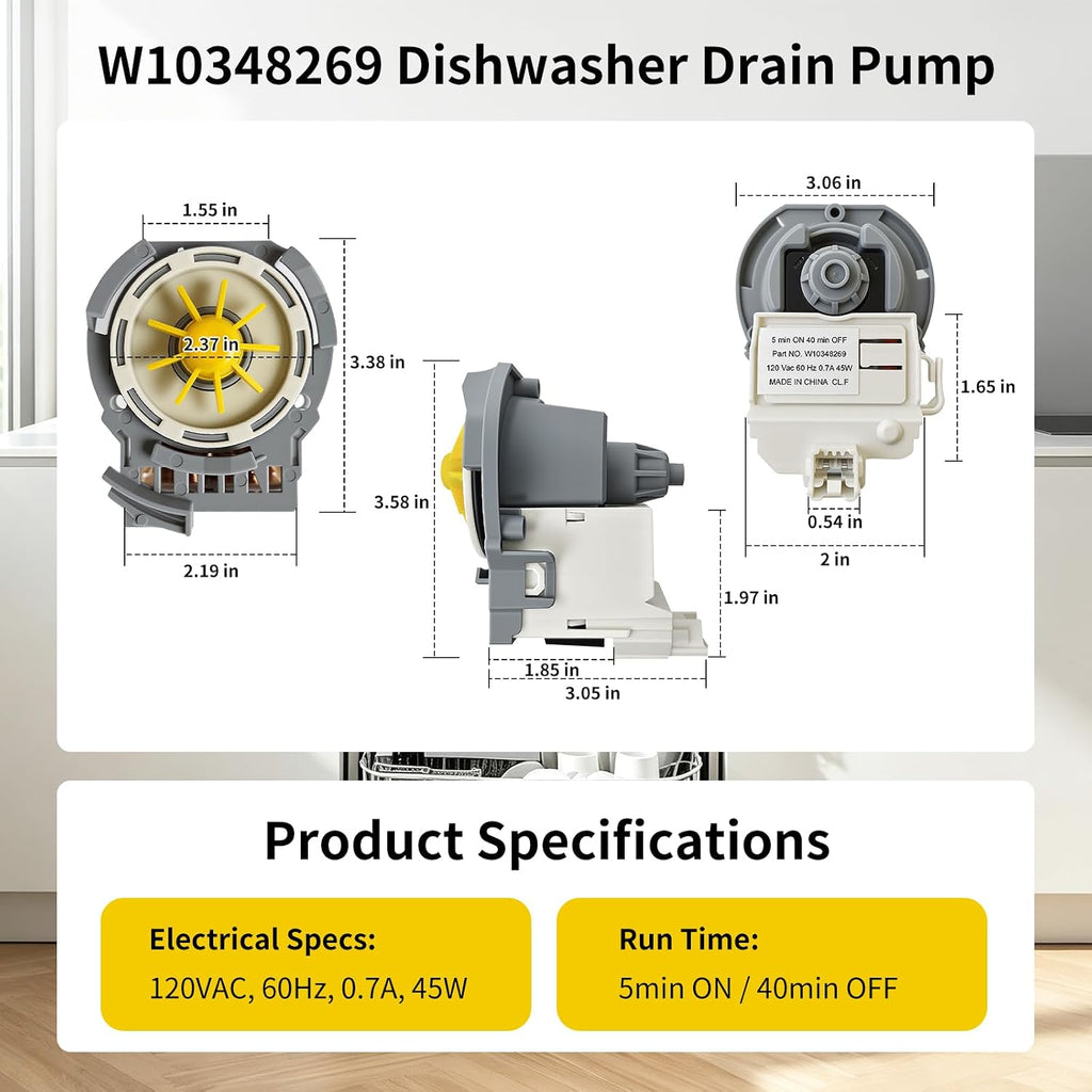 Replacement W10348269 Dishwasher Drain Pump Whirlpool Kenmore
