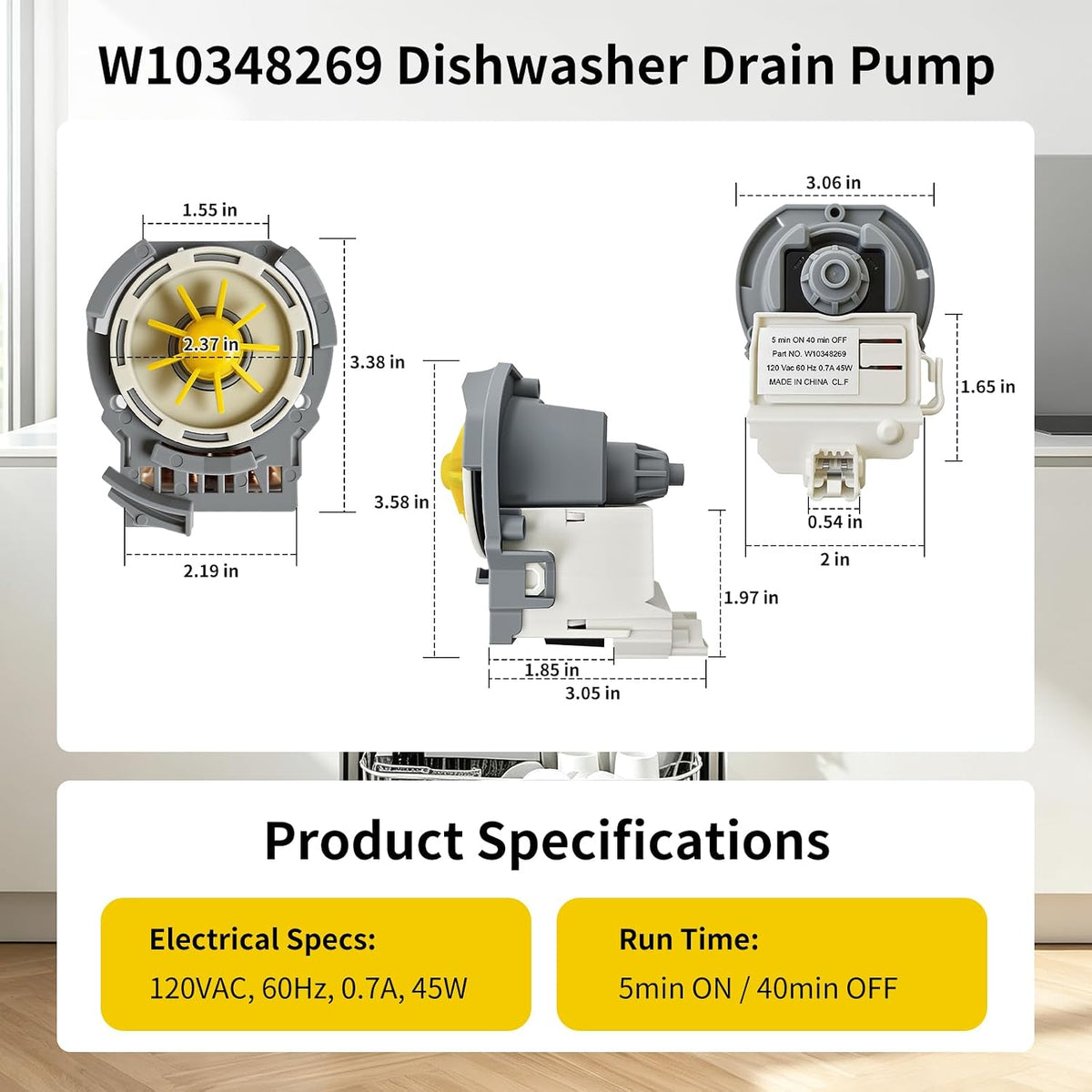 Replacement W10348269 Dishwasher Drain Pump Whirlpool Kenmore
