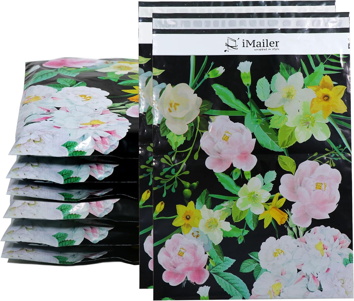 100 Count - 14.5" x 19" Poly Mailer Mailing Black Flower Envelope