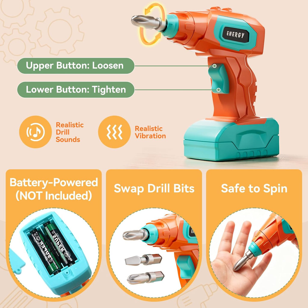 158-Piece Kids Tool Set with Toy Drill, STEM Construction Tool Kit with Storage Box, Pretend Play Building Toy