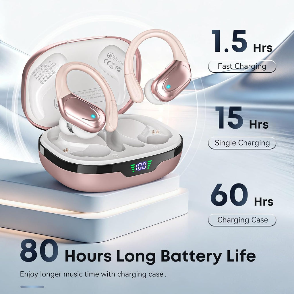 Sports Bluetooth Headphones, 80Hrs Playtime Wireless Earbuds with LED Power Display, IPX7 Waterproof Earphones for