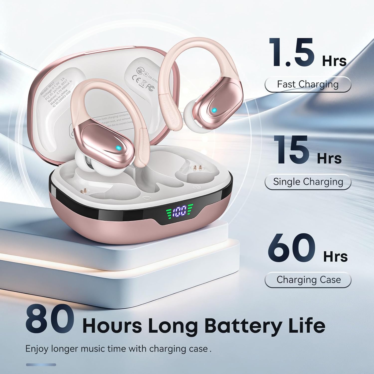 Sports Bluetooth Headphones, 80Hrs Playtime Wireless Earbuds with LED Power Display, IPX7 Waterproof Earphones for
