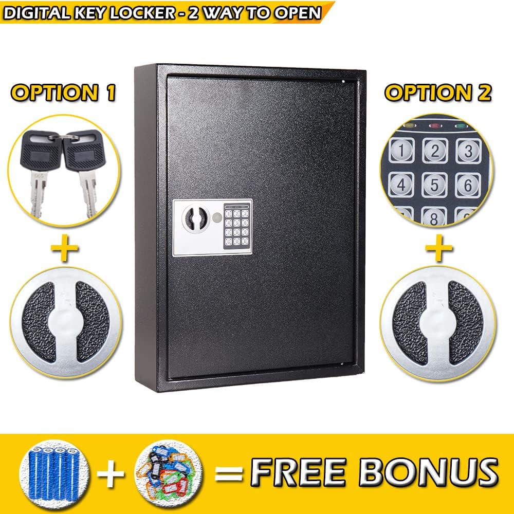 60-Key Wall Mount Digital Key Cabinet Lock Box, Electronic Key Safe, Black | Metal Electronic Key Safe Includes 60