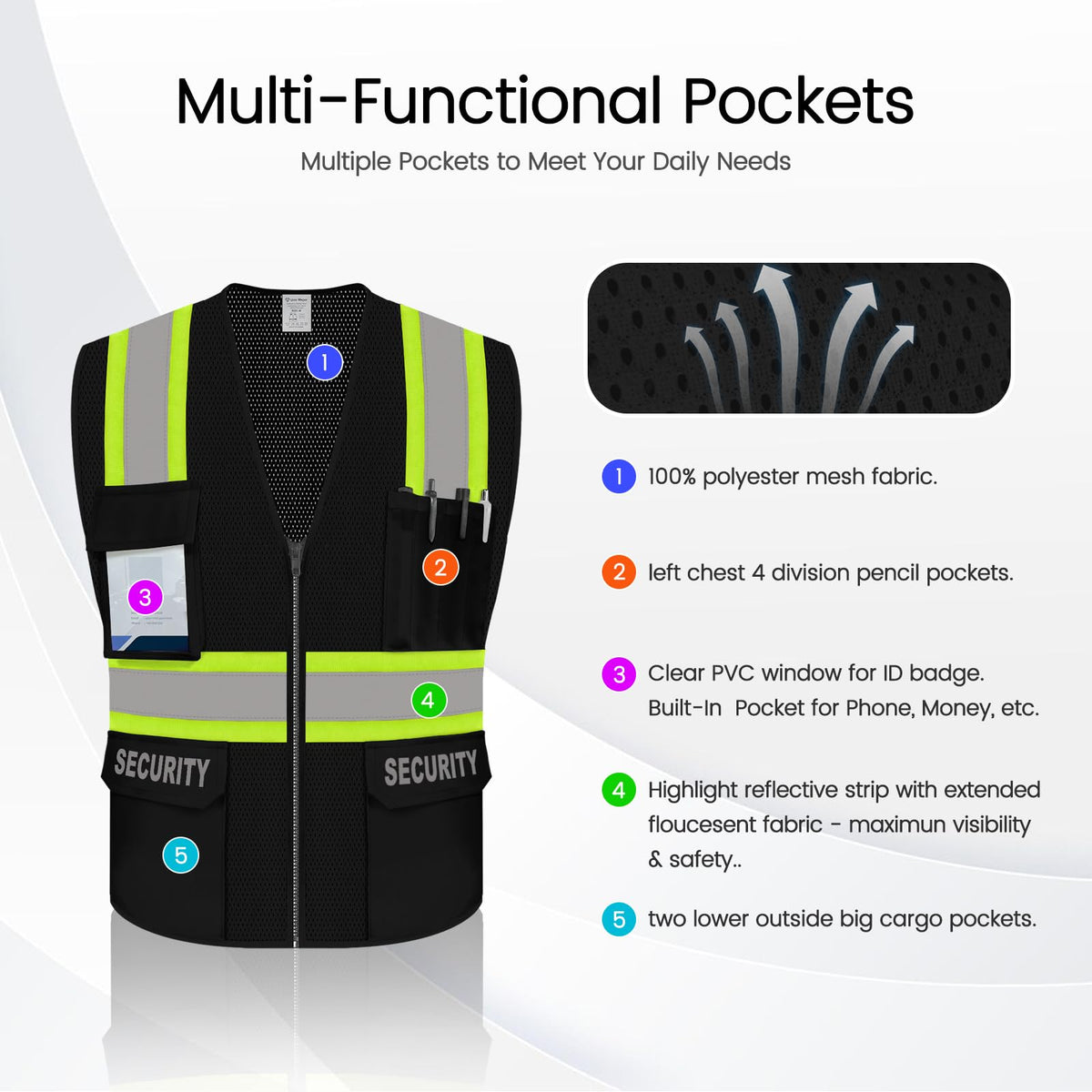 Security Vest for Guard, Safety Vest with Pockets, Black, XL