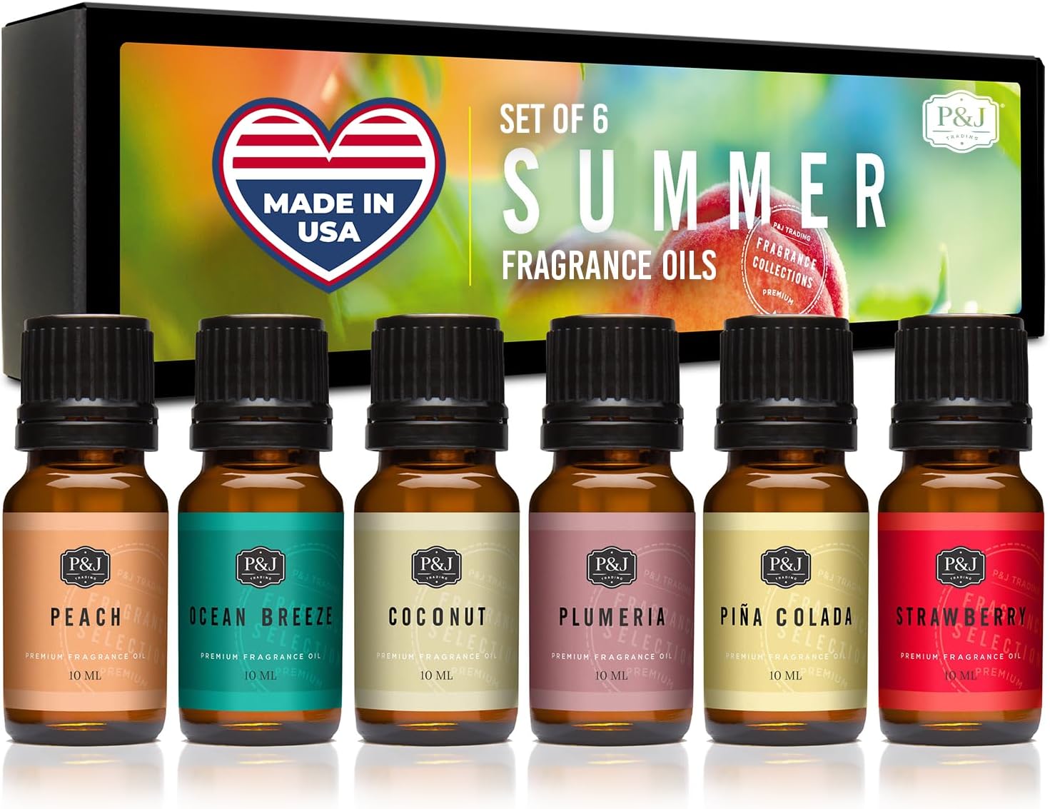 Summer Set of 6 Fragrance Oils - Peach, Strawberry, Plumeria, Coconut, Ocean Breeze, Pina Colada Candle Scents