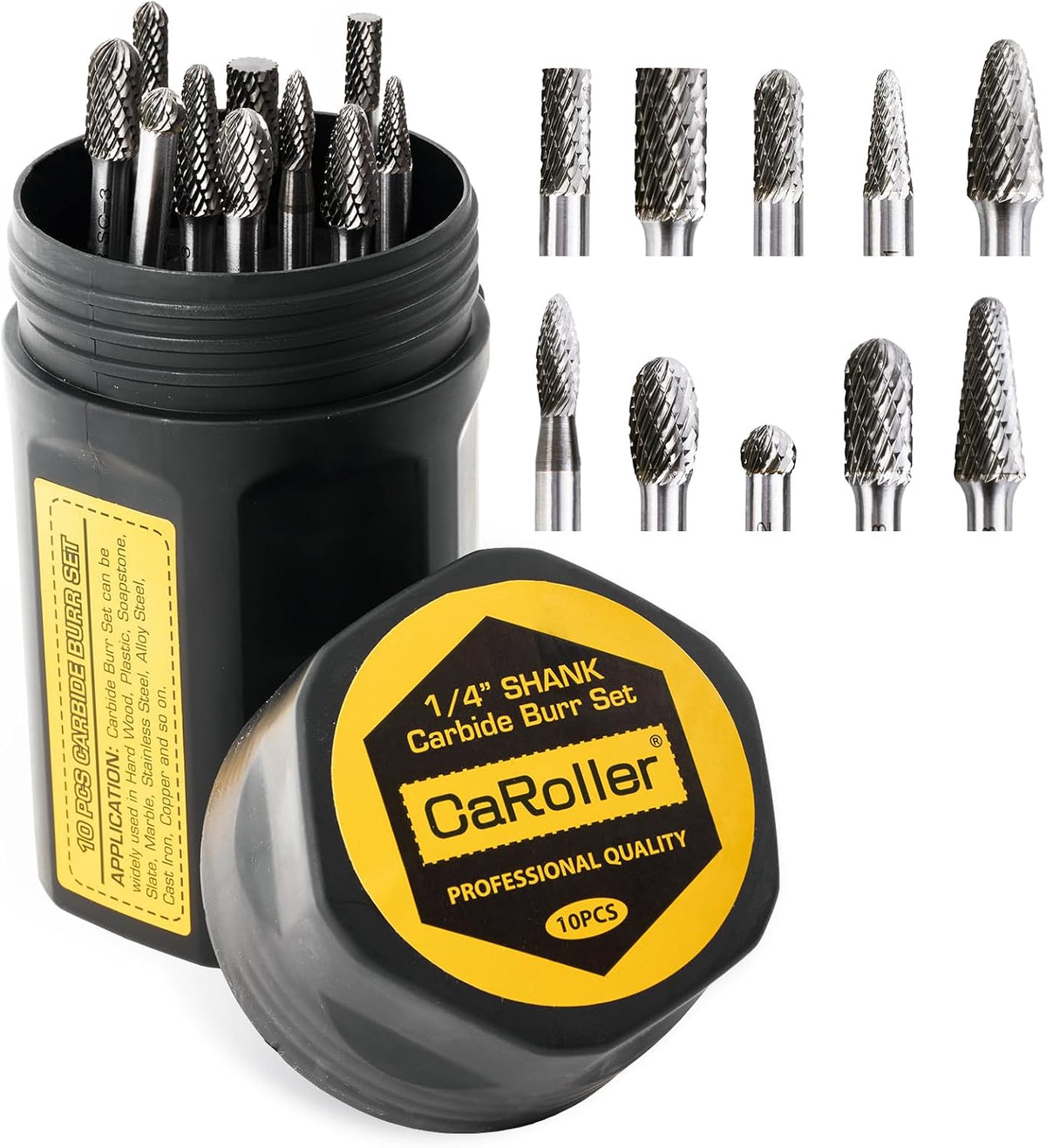 CaRoller Carbide Burr Set,1/4" Shank,10PC Double Cut Die Grinder RotaryTool