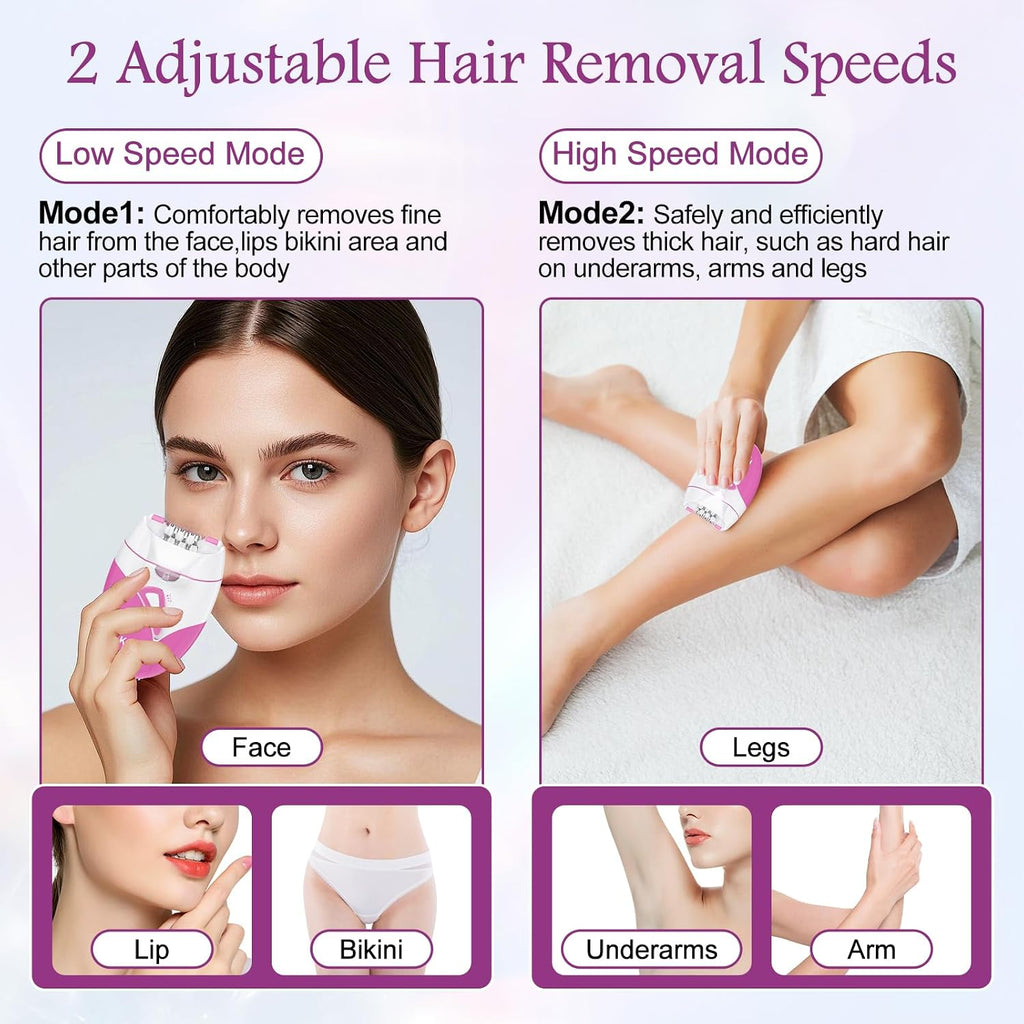 Epilator for Women, Smooth Glide Facial Hair Remover with 2 Speed & LED Light, Rechargeable Cordless Electric