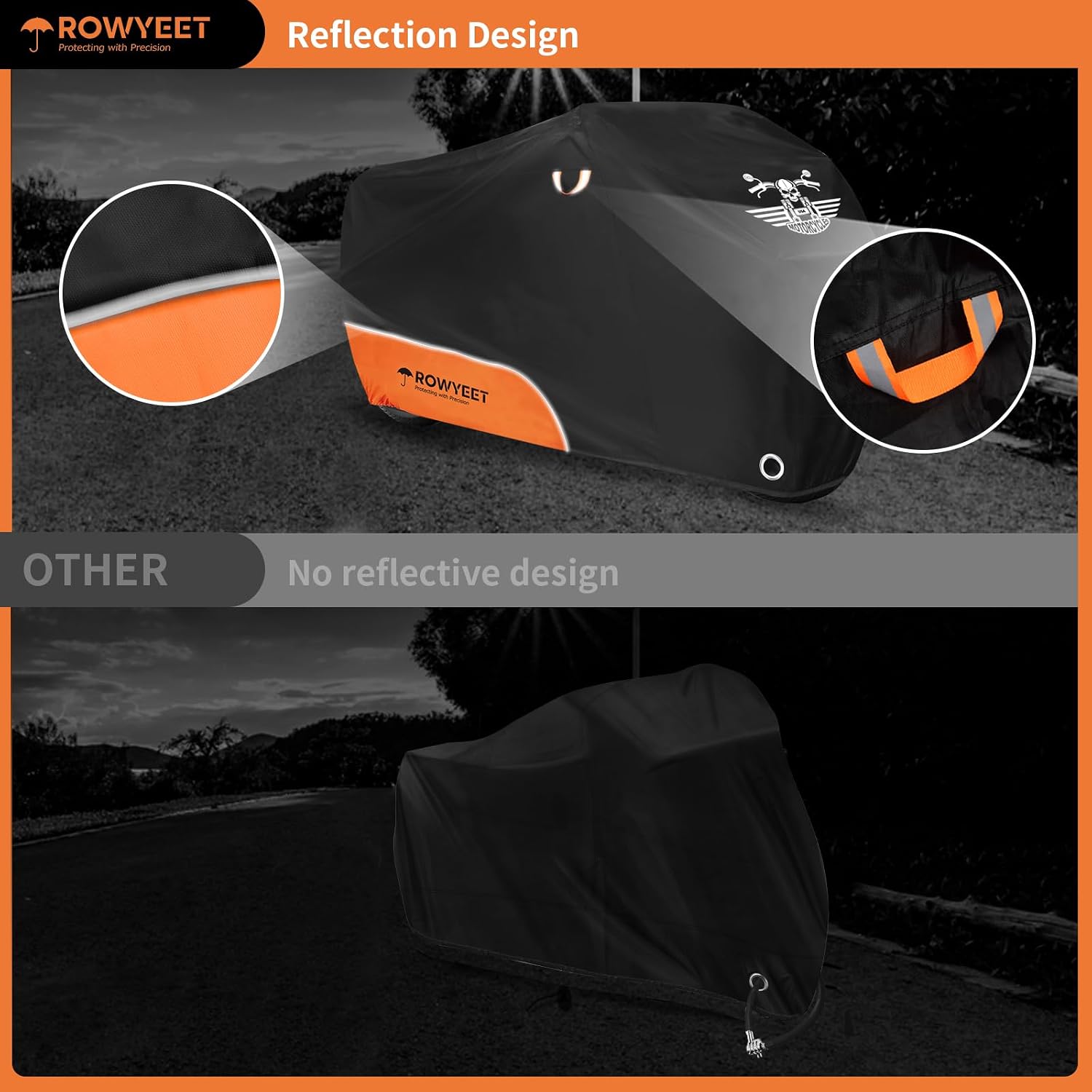 Motorcycle Cover Waterproof Outdoor Storage All Season Protection | 210D Orange, Fits up to 104", Lock-Holes, Storage