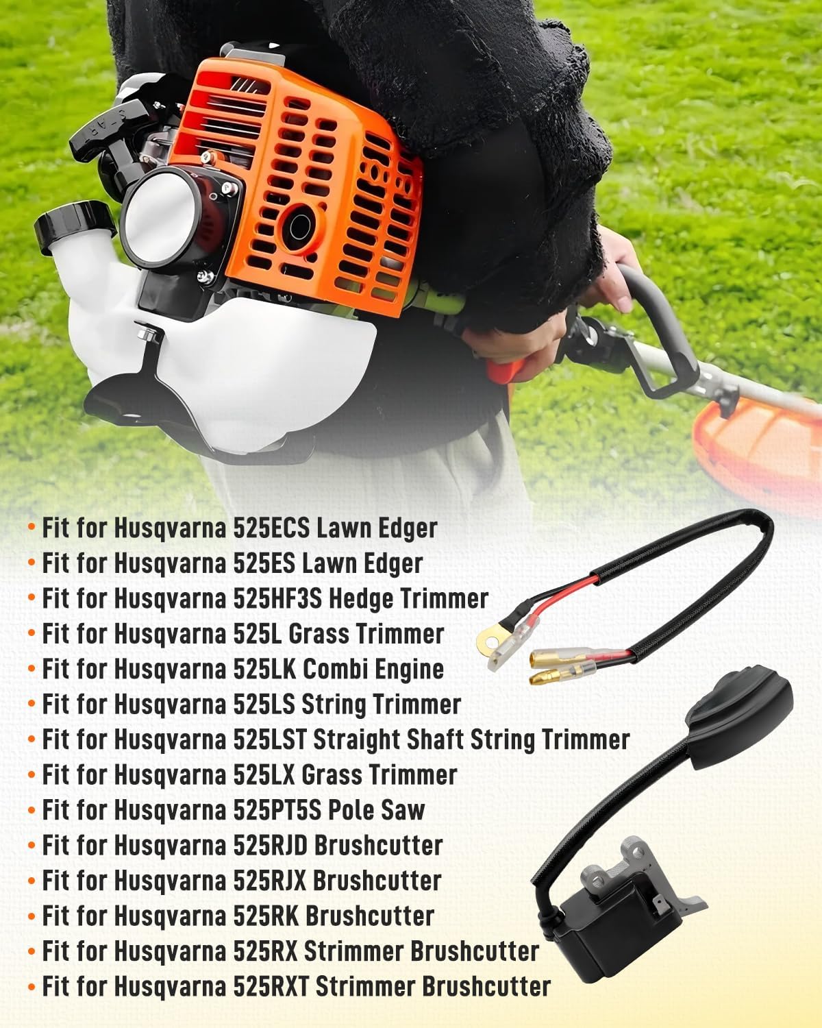 Ignition Coil Module Kit Fit for Husqvarna 525L/525LK/525LS Replaces 5881415-01, 5881412-01 (1 Coil + 1 Harness)
