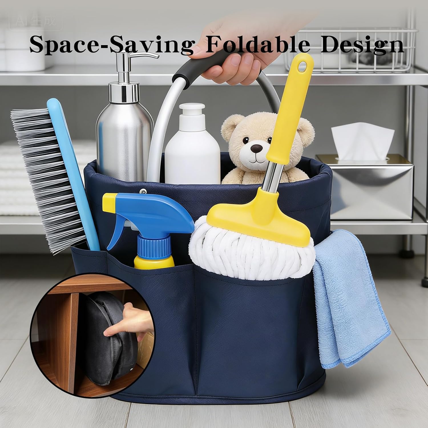 Tool Bucket Organizer 2-Pack, 17L Foldable Cleaner Caddy with 6 Pockets，Handle for Garden、Family and Bathroom, Can