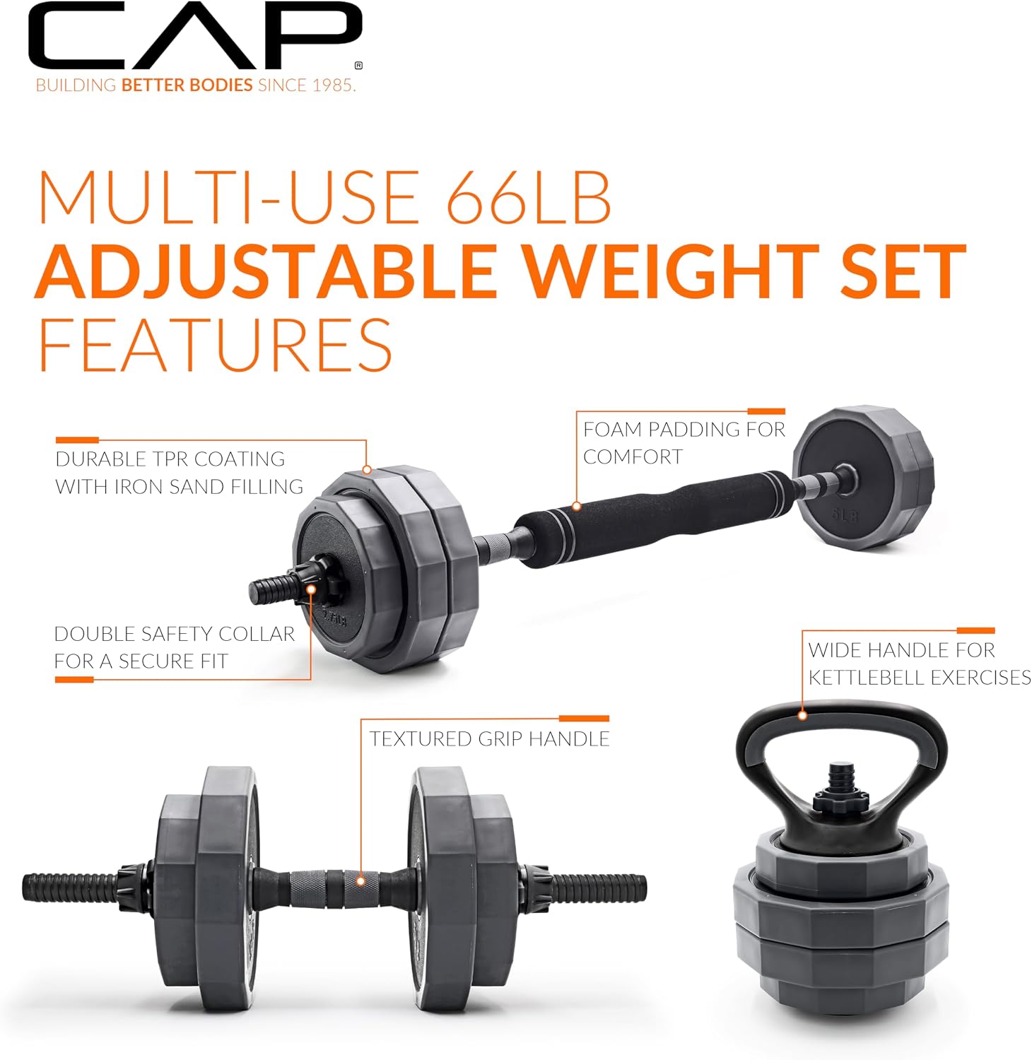 Multi-Use Adjustable Weight Set - Versatile Dumbbell, Barbell & Kettlebell for Full-Body Workouts | 45lb and 66lb