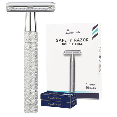 Double Edge Safety Razor Reusable Stainless Metal Wet Shaving Razor with 10 Swedish Platinum Blades for Men Women