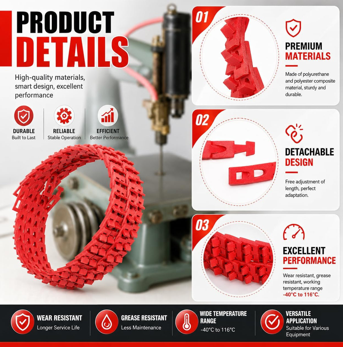 10 Ft x 5/8 Inch Adjustable Link V-Belt, Type B Power Twist Belt, Red