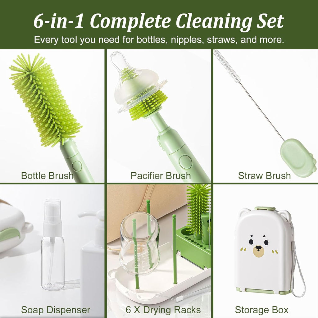 Travel Baby Bottle Cleaner Kit with Storage Case – 6-in-1 Compact Bottle Brush Set for Infant Feeding, Breast Pump