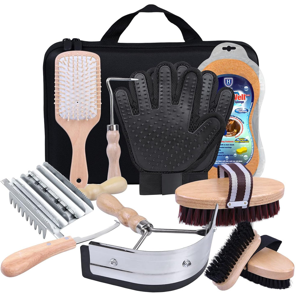 Horse Grooming Kit 10-Piece Wooden Brush Set with Storage Case Tack Room Supplies Shedding Grooming Massaging Tools