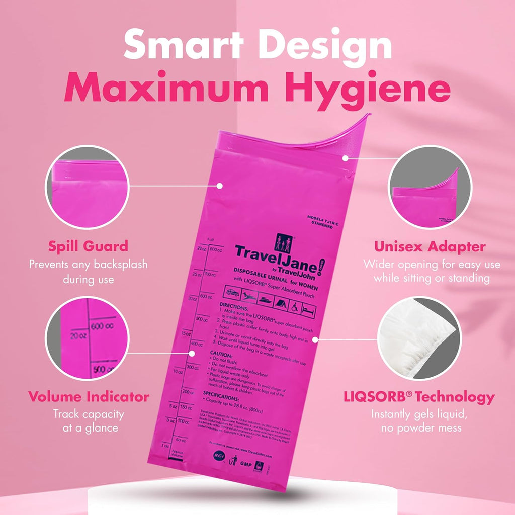 TravelJane Disposable Urinal Bags – Leakproof – (TJ1R-C) | Travel Urinal for Women, Men & Kids – Odorless Portable