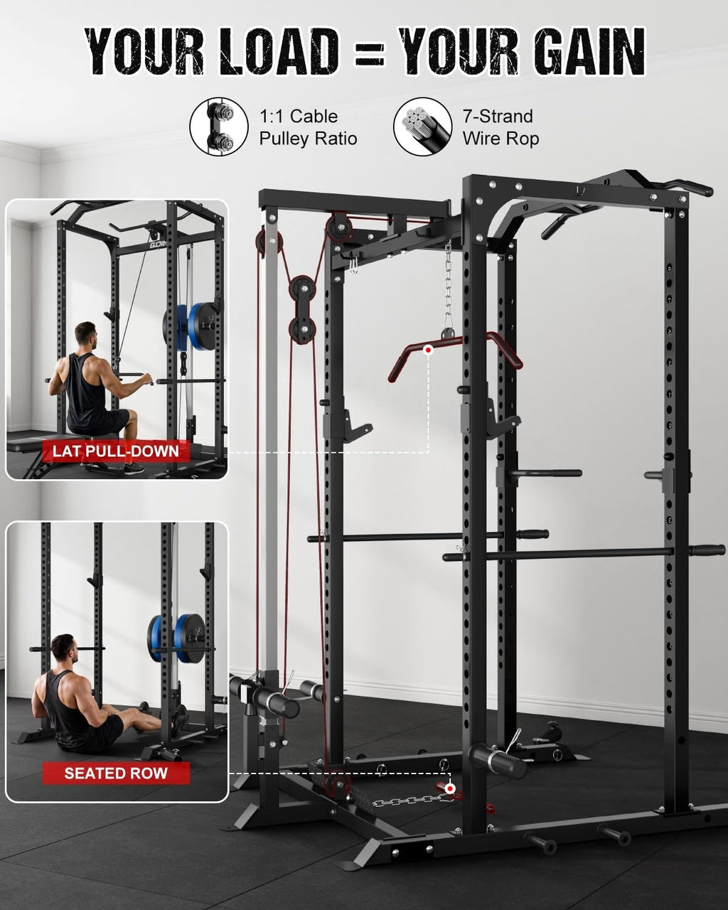 C1-V4 Power Cage, 2000LBS Squat Rack with LAT Pulldown, Multi-Function Weight Cage Strength Training Machine, Workout